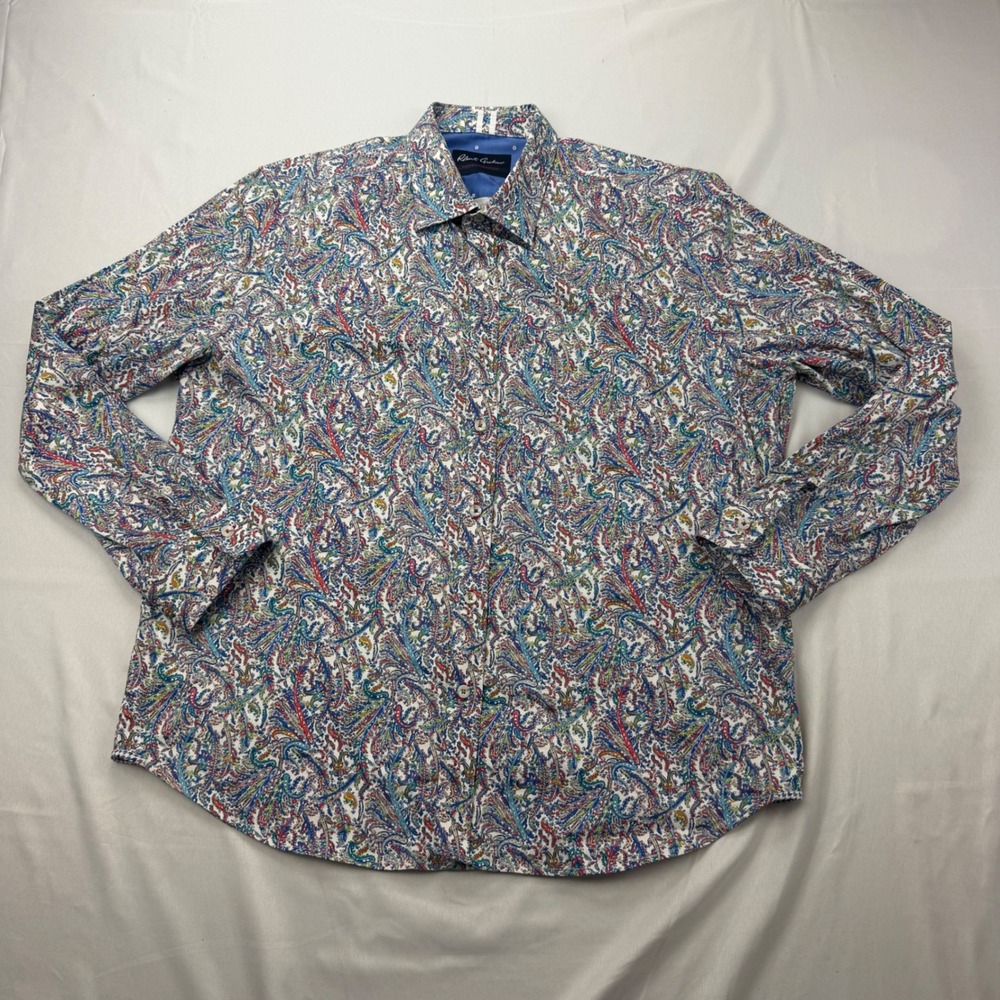 Robert Graham Button Front Shirt Mens 2XL White Multi Paisley Tailored Fit